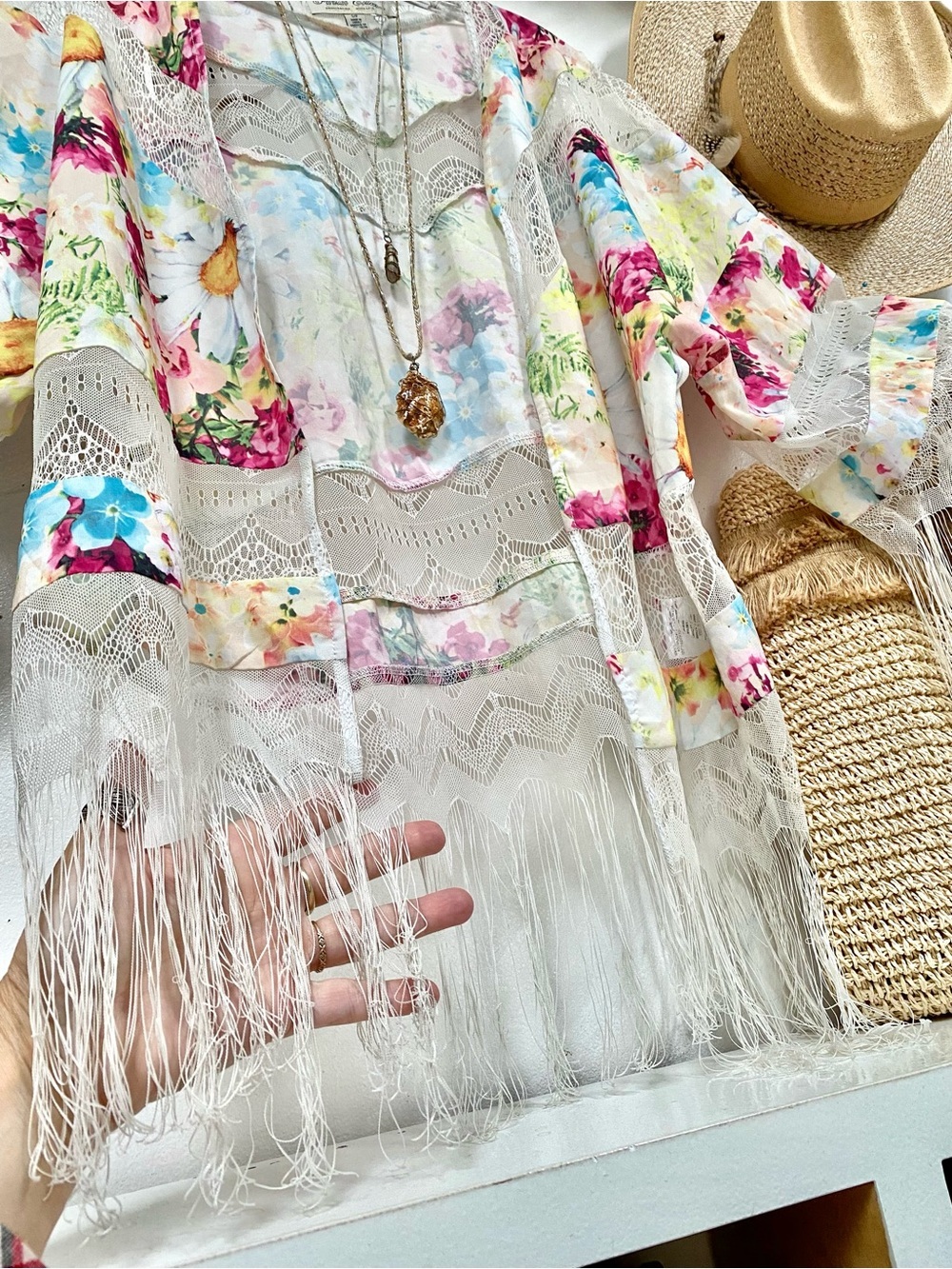 Fringe Artisan lace boho semi sheer cover up w resort vacay prairie Gypsy vibe